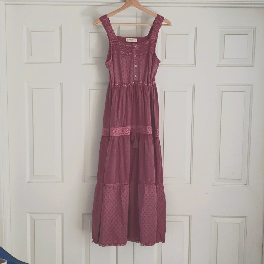 Lace Trim Tiered Cotton Dress LUCKY BRAND Rose Brown Size S (4/6)
